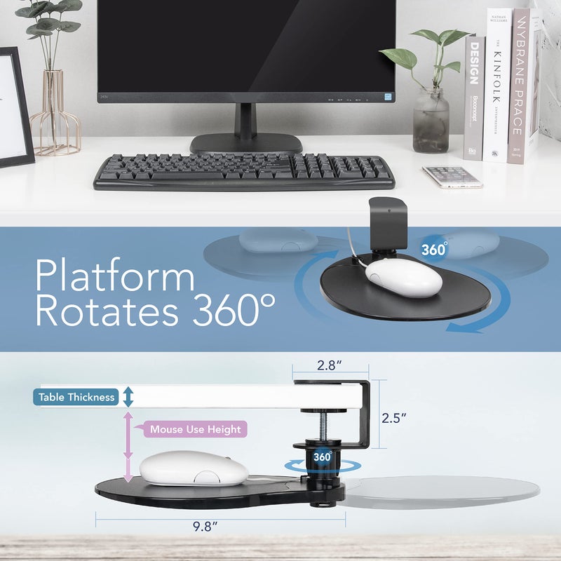 EHO Clamp-On Under Desk Mouse Tray, 360Â° Swivel Ergonomic Platform with Cable Organizer, Smooth Glide Surface for Gaming or Office, Fits Desks 0.5"-1.5" Thick, Tool-Free Install, TAA-Compliant - Image 3